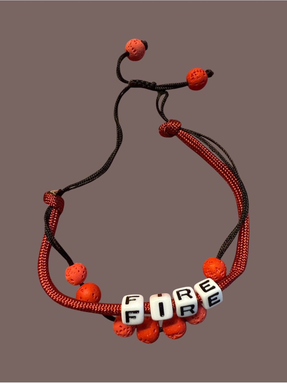 Adjustable 'FIRE' Beaded Cord Bracelet in Orange and Black